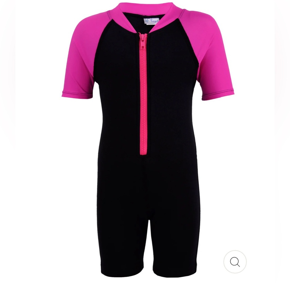 Kids Swim Short Sleeve Wetsuit - Black and Pink